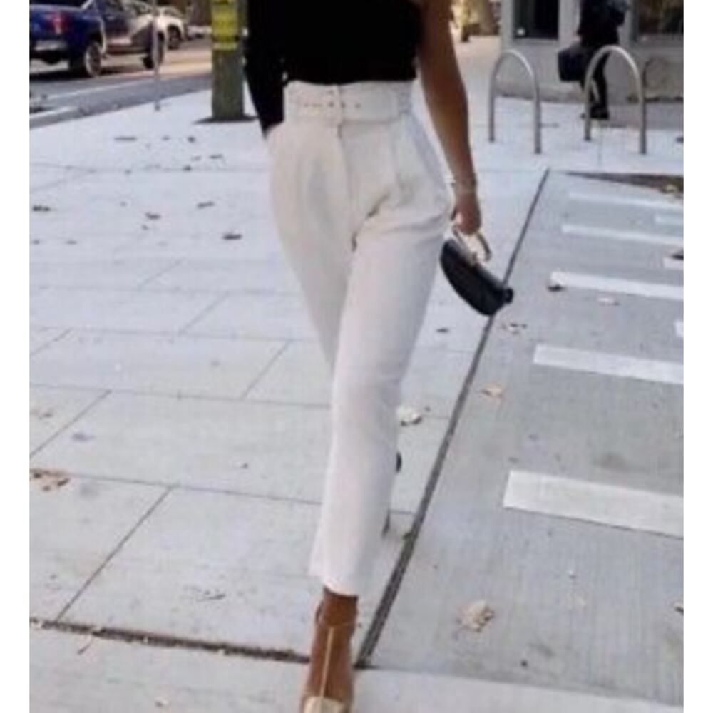 Zara High Waisted Belted Cream Pants Size S NWT